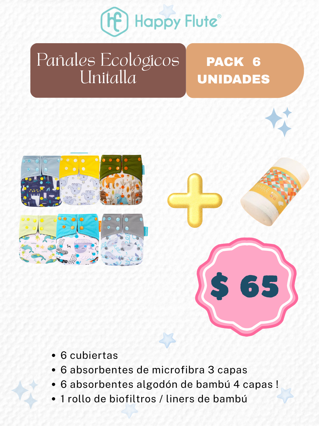 COMBO PAÑALES ECOLÓGICOS HAPPY FLUTE - PACK X 6